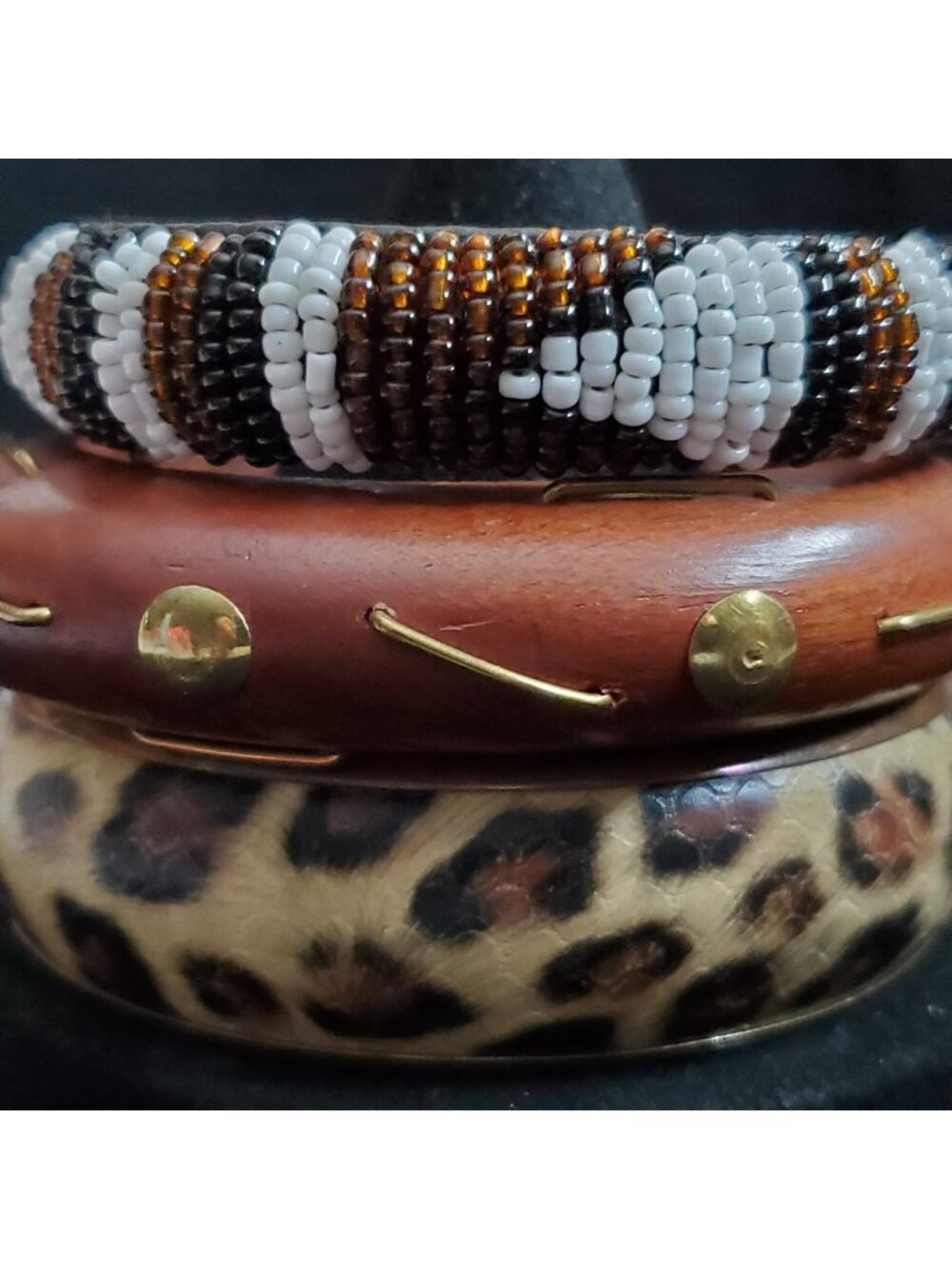 Vintage Bangle Bracelet Lot of 3 Brown Leopard Print Boho Tribal Safari 7.5-9"